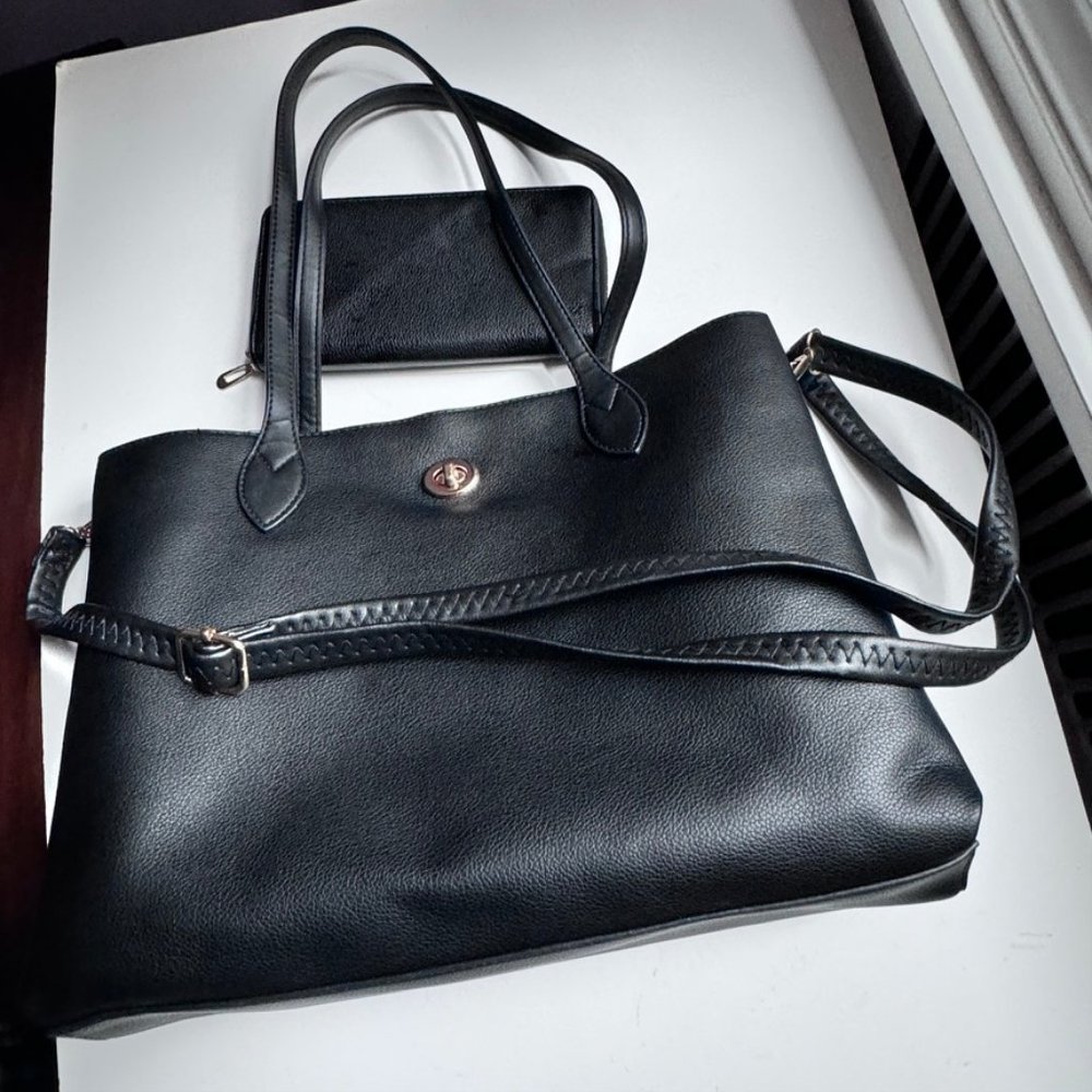 New big black leather women's bag with matching pouch